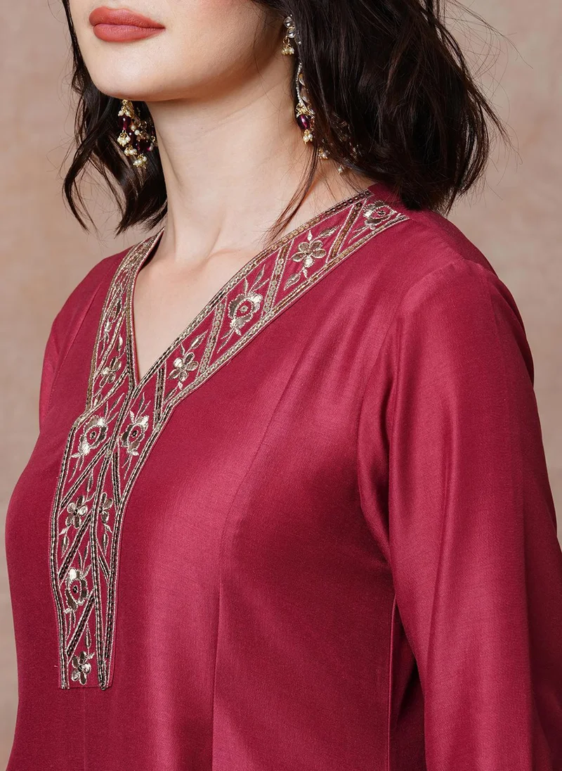 globus Maroon Globus Women Floral Embroidered Sequinned A Line Kurta & Trouser Festive Set for Women | Best Price UAE